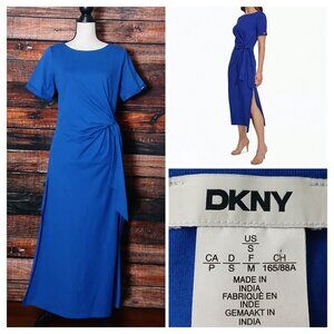 DKNY S Midi T-Shirt Dress Side Tie Royal Blue Side Slits Cotton